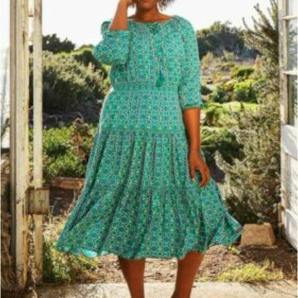Matilda Jane Blue Green Midi Sundress with Bishop Sleeves